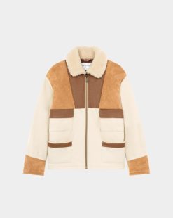 Chevignon Blousons & Manteaux | Manteau Boume Beige Manteau En Peau Lainee Avec Empiecements En Cuir